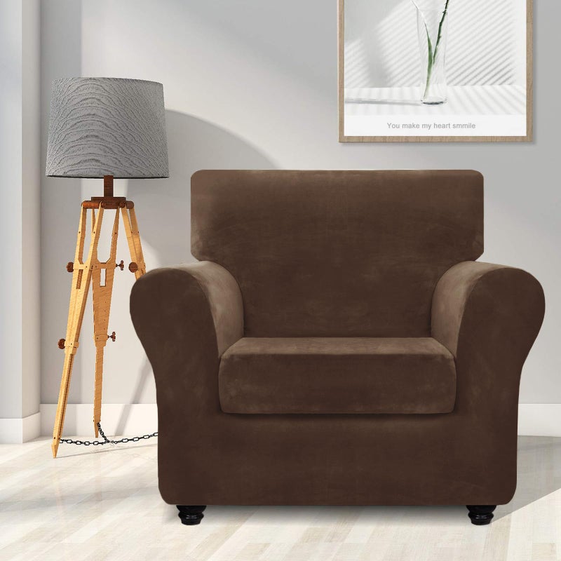 ZNSAYOTX Luxury Velvet Chair Slipcovers with Arms 2 Piece Stretch Chair Covers for Living Room Thick Soft Armchair Slipcover Anti Slip Pet Friendly Furniture Protector (Dark Coffee),30"-47"(1 Cushion) - Image 2